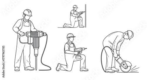 Construction workers operating various power tools in a detailed line drawing