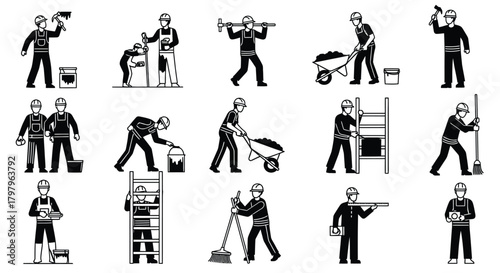 Construction workers performing various tasks depicted in a monochrome style