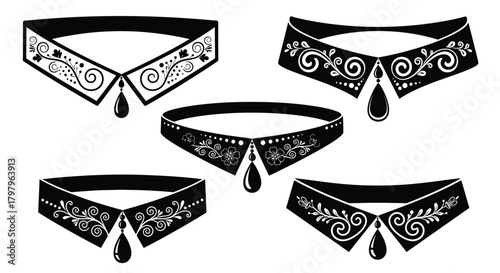 Elegant black choker necklaces with ornate designs and a single pendant