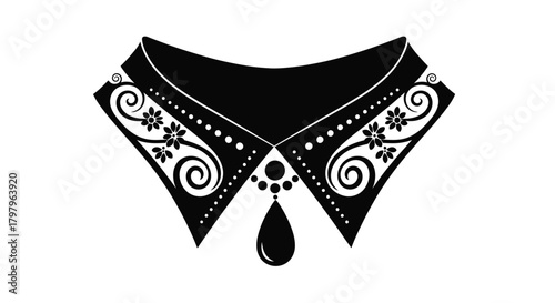 Elegant black and white illustration of a decorative collar design with floral details