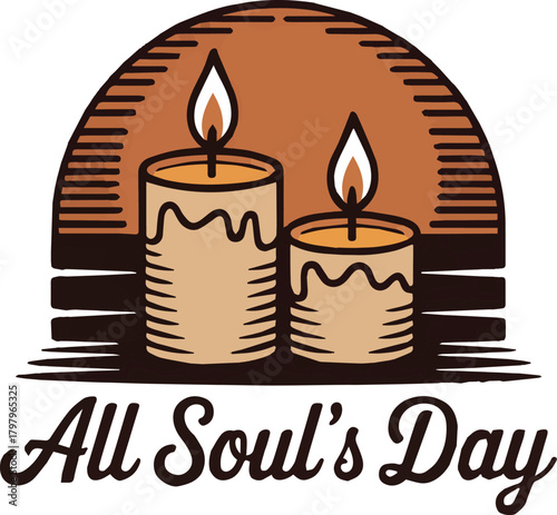 Two lit candles with dripping wax and text All Souls Day flame