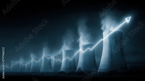 Emission Towers of a Power Plant Under a Stark Sky with Graph Rising Above, Symbolizing Energy Production and Environmental Impact