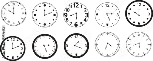 Collection of vintage style analog clocks showing different times isolated on white background