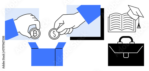 Hands inserting currency coins into a box next to a graduation cap, book, and briefcase, representing investment in education, learning, career progress, charity, teamwork, strategy and opportunity