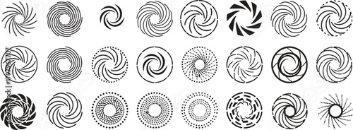 Collection of abstract swirling oval shapes and patterns in black and white monochrome design