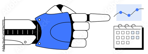 Robotic hand pointing towards a rising data chart and calendar, representing technology, automation, and strategic planning. Ideal for innovation, AI, data analysis, productivity, efficiency future