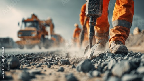 Construction Worker Using Jackhammer on Road with Heavy Equipment.