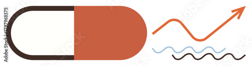 Capsule paired with upward arrow and wave lines symbolizing growth, healthcare evolution, medicine progress, innovation, health trends, statistical improvement, and simple flat metaphor
