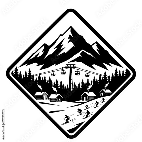 geometric ski resort scene. winter mountain adventure.black and white ski landscape .