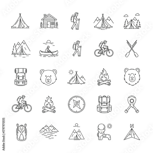 Set of outdoor adventure icons camping and hiking line art vector illustration for web and print