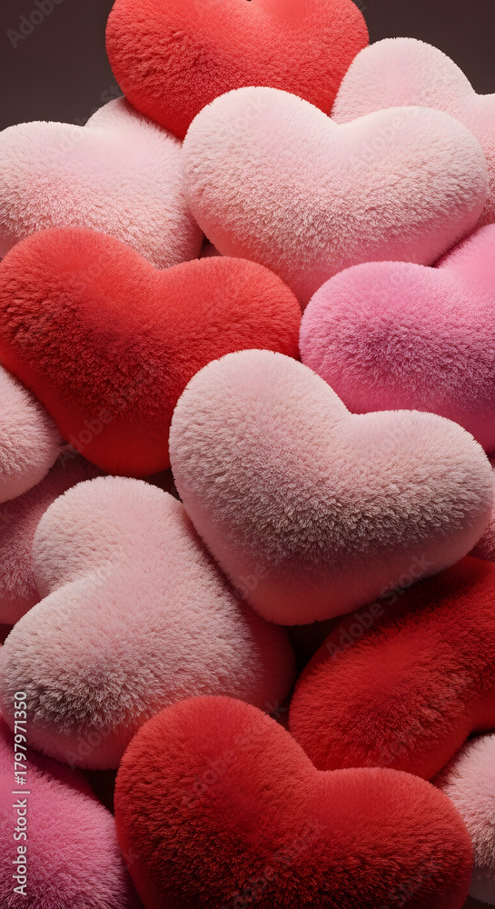 Obraz premium Pile of Fluffy Pink and Red Heart Shaped Pillows
