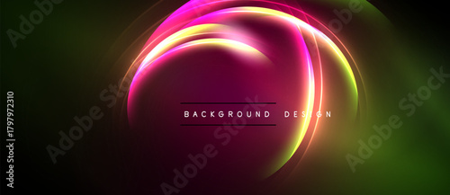 Abstract neon lights form swirling shapes. Vivid pinks, yellows, greens blend into dark background. Text reads background design.