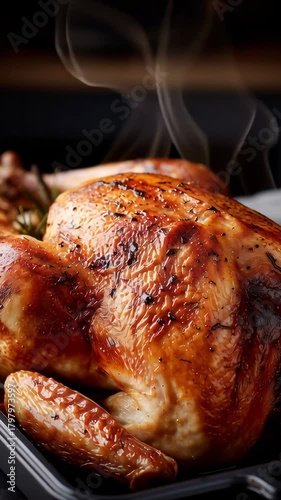 A large roasted turkey is sitting on a black tray. The turkey is golden brown and has a crispy skin. The tray is placed on a countertop, and the turkey is the main focus of the image