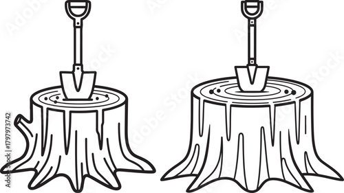 Two tree stumps with shovels stuck in them silhouette