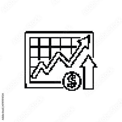 Pixelated business chart graph of financial growth with profit arrow and usd currency symbol