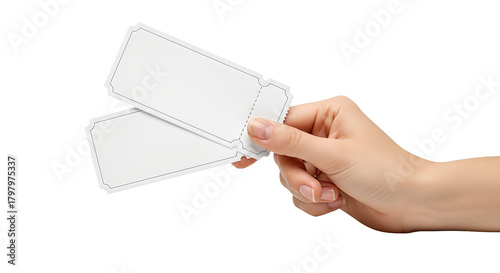 Hand holding two blank white tickets Isolated on transparent background, png for advertising or promotional use