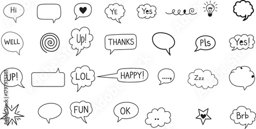 Assortment of Hand- Drawn Speech Bubbles and Icons with Text and Symbols Keywords: speech bubble, thought bubble, icon, text, symbol, hand