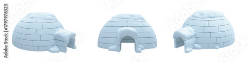 High-quality 3D vector icon set of a snow-covered igloo shown in three different perspectives. Each igloo is rendered with soft lighting, clean edges, and smooth snowy textures, isolated.