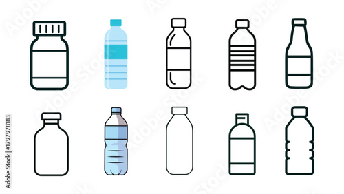 A diverse set of bottle illustrations showing medicine, water, and beverage containers in bold outlines with filled colors. Ideal for packaging, health, hydration, and product design projects.