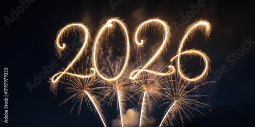 Sparkling fireworks display forming the year 2026 a festive celebration for New Years Eve against a dark night sky