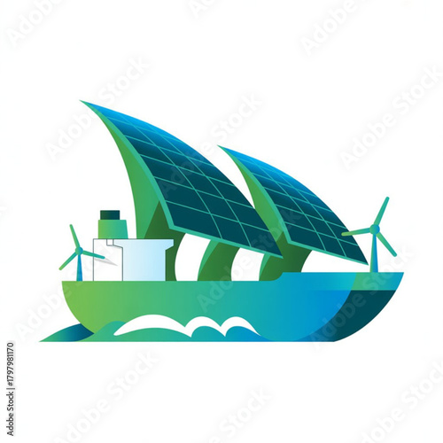 Modern green ship harnessing solar and wind power for sustainable maritime transport on white background.