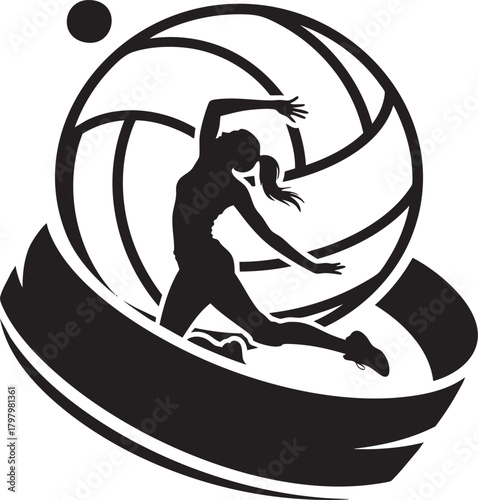 A black and white graphic depicts a female volleyball player in mid-air, spiking a ball, set against a stylized volleyball and circular frame.