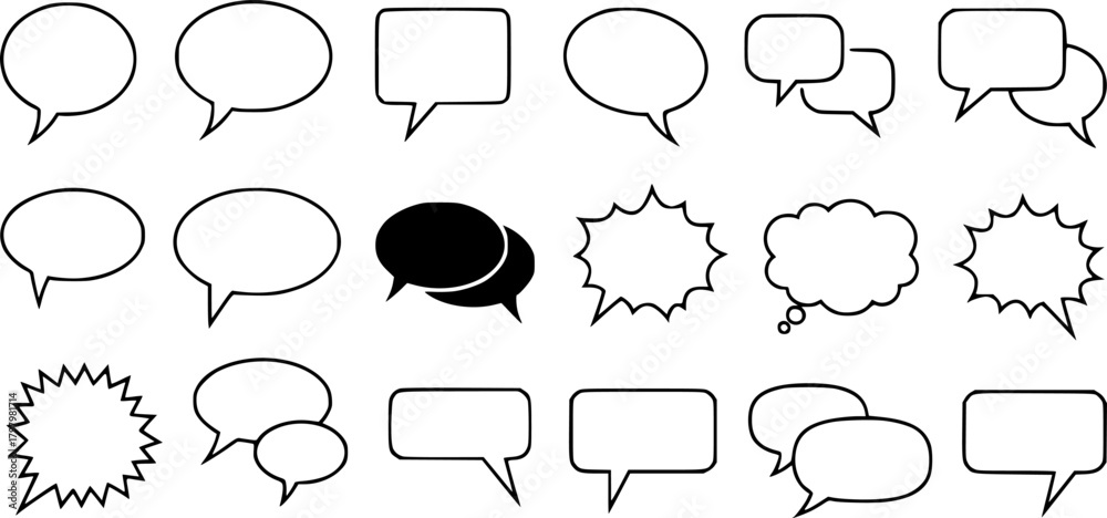 Fototapeta premium Minimalist set of different speech bubbles and chat balloons outlined in black 