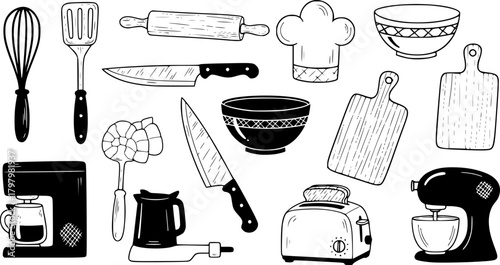 Hand-drawn kitchen utensils and baking tools set in doodle style for culinary design