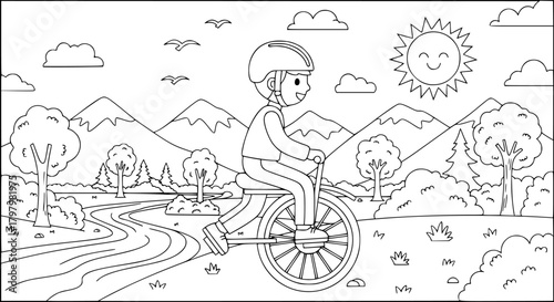 Monowheel rider enjoying nature: coloring page for kids and outdoor activity design
