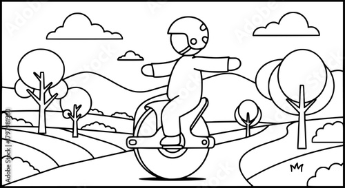 Monowheel rider enjoying nature: coloring page for kids and outdoor activity design
