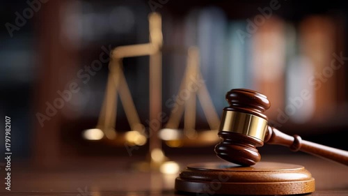 A gavel sits on a wooden podium in front of a scale. The gavel is being used to make a decision in a court of law