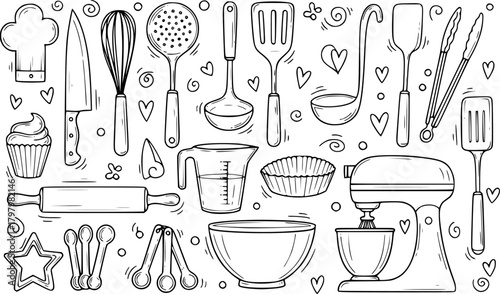 Hand-drawn kitchen utensils and baking tools set in doodle style for culinary design