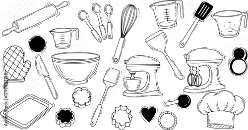 Hand-drawn kitchen utensils and baking tools set in doodle style for culinary design