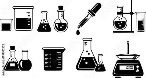 laboratory icons featuring glassware, pipette, and scale