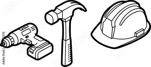 Isometric tools set featuring hammer, drill, and hard hat for construction and diy projects