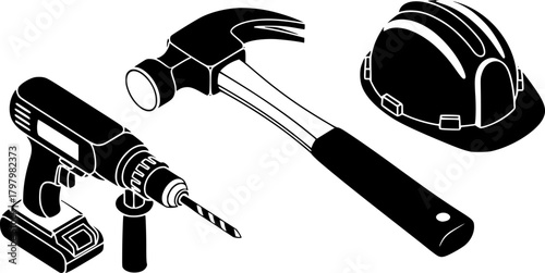 Isometric tools set featuring hammer, drill, and hard hat for construction and diy projects