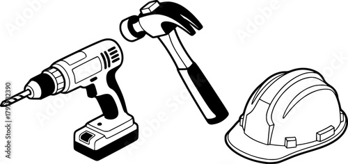 Isometric tools set featuring hammer, drill, and hard hat for construction and diy projects