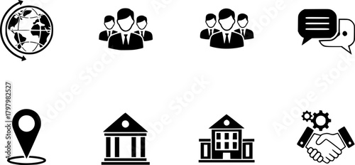 Simple business icons: global, team, communication, location, institution, collaboration