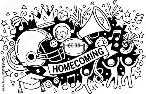Doodle homecoming celebration with school spirit and fun symbols
