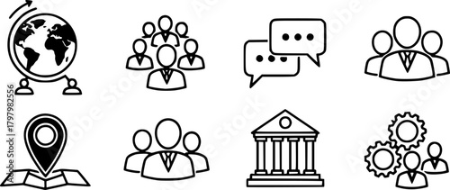 Simple business icons: global, team, communication, location, institution, collaboration