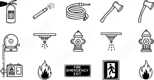 Hand-drawn firefighting equipment icons set for emergency services and safety plans