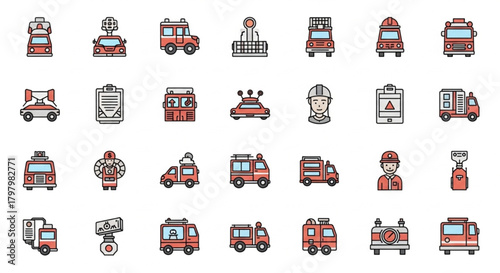 Hand-drawn firefighting equipment icons set for emergency services and safety plans