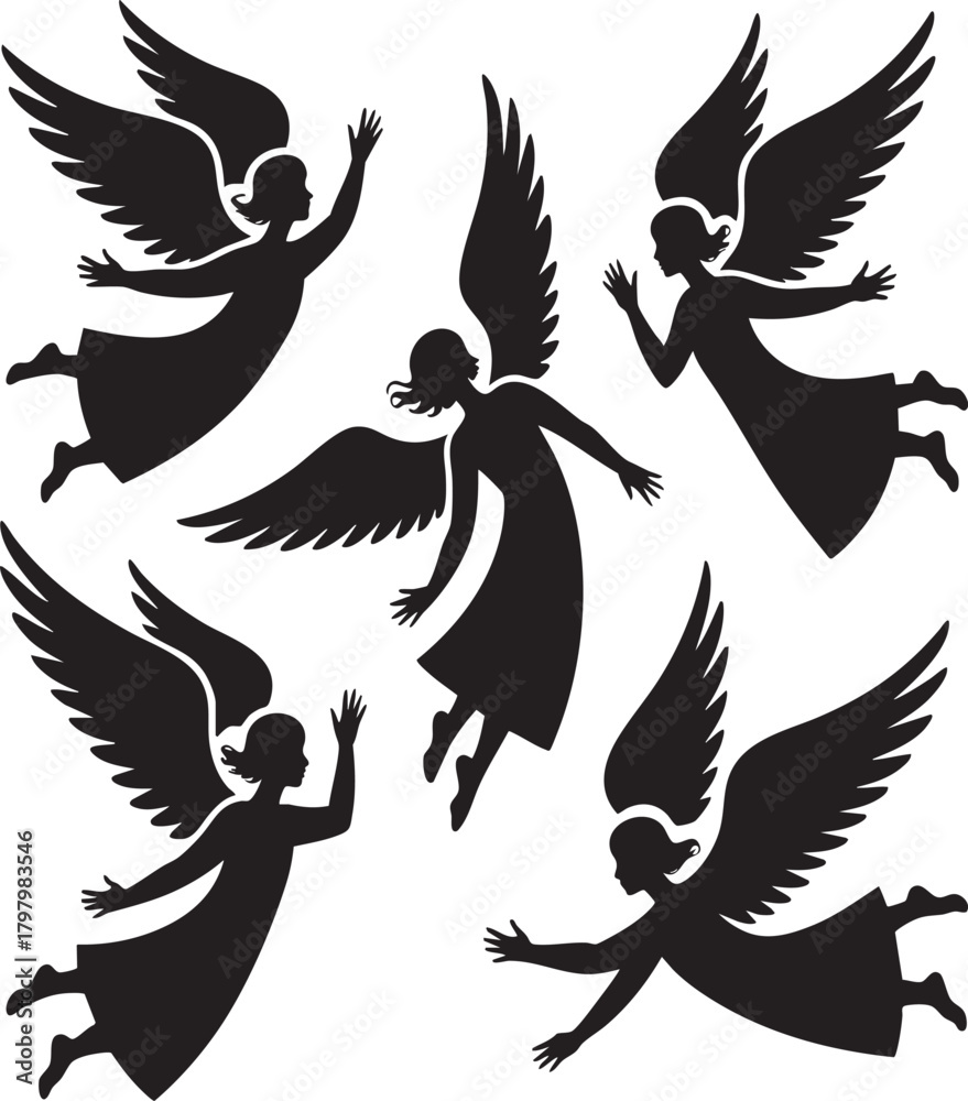 Obraz premium Five black silhouettes of angels with large feathered wings are depicted in various dynamic poses of flight against a white background.