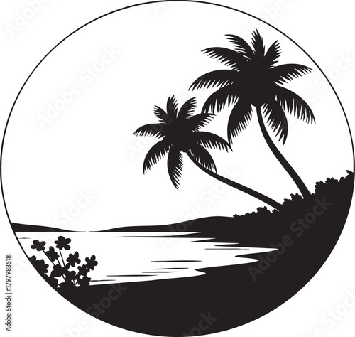 A stylized black silhouette of two palm trees, a shoreline, and water within a circular frame.