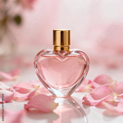 Frasco de perfume en forma de corazón rodeado de pétalos de rosa rosados.  
