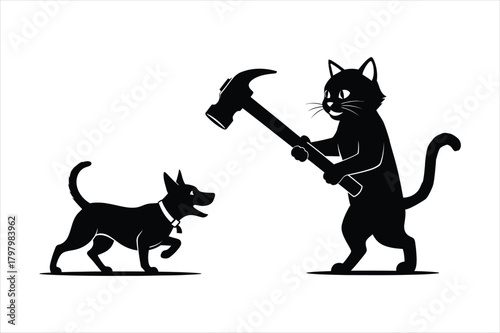 A cat is beating a dog with a hammer vector art