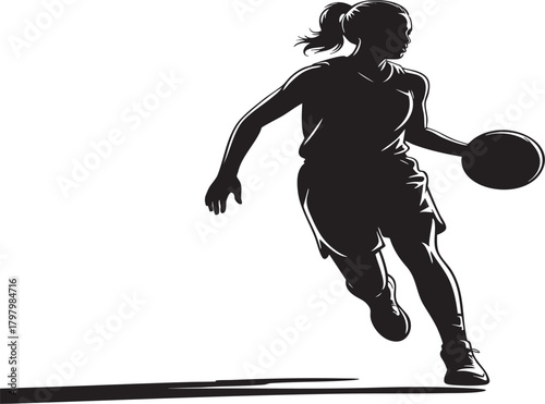 A dynamic silhouette of a woman in athletic wear dribbling a basketball, casting a long shadow.