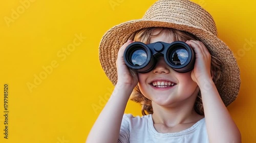 A little girl in a straw hat looking through binoculars