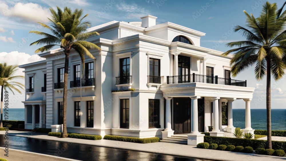 Fototapeta premium Elegant white mansion with palm trees and ocean view isolated on white background