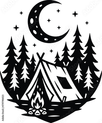 Nighttime forest camping scene with a tent, campfire, crescent moon, surrounding trees, and wilderness atmosphere illustrated in bold monochrome style